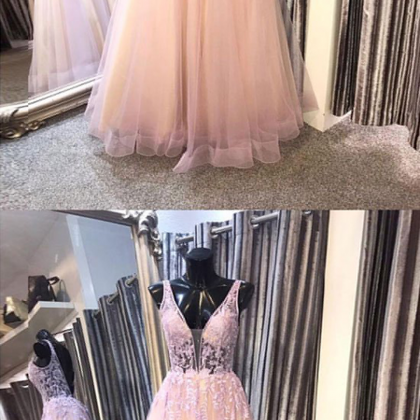Pink V Neck Tulle Lace Long Senior Prom Dress,..