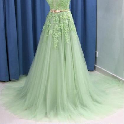 Green Tulle V Neck Long Formal Prom Dress, Lace..