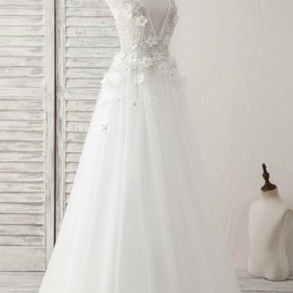 White Tulle V Neck Beaded Long Formal Prom Dress,..