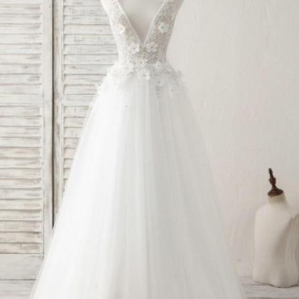 White Tulle V Neck Beaded Long Formal Prom Dress,..
