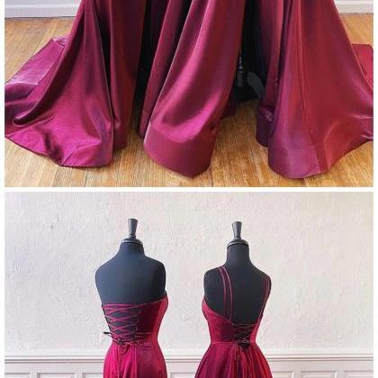Burgundy Long A Line Simple Party Dress, Prom..