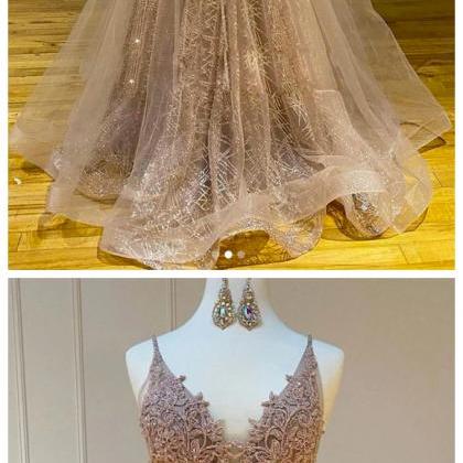 Champagne Tulle Long Dress V Neck A Line Customize..