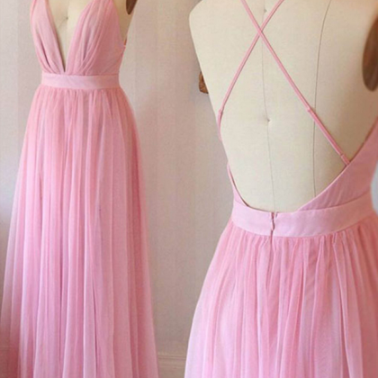 Pink Chiffon V-neck Cross Back Long Dress,summer..