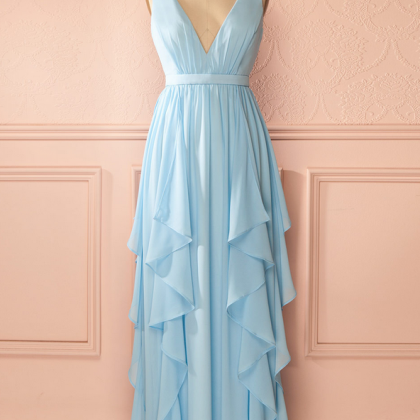 Simple Baby Blue Chiffon Long V Neck Prom Dress,..