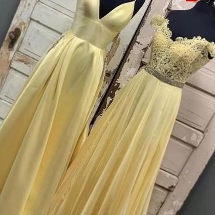 Cute Yellow Satin Long A Line Customize Prom Dress
