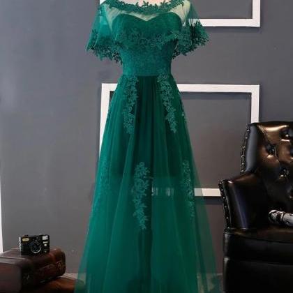 Green Lace Tulle Long A Line Prom Dress, Lace Up..