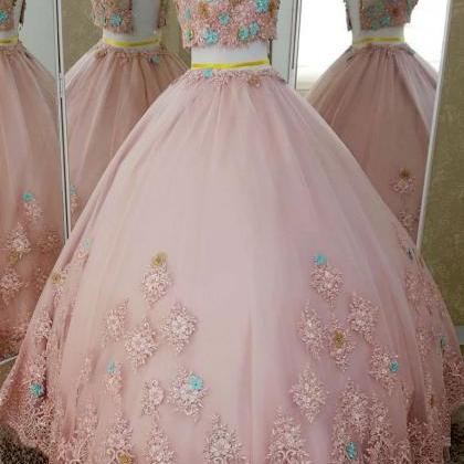 Pink Tulle Two Pieces Cap Sleeve Sweet 16 Prom..