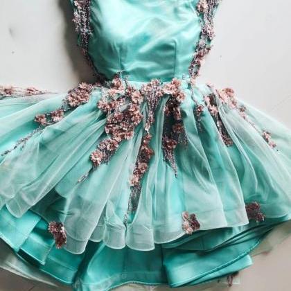 Light Green Tulle Short 3d Lace Applique Prom..