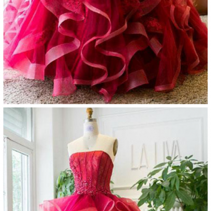 Unique Ruffled Tulle Appliques Prom Dress,burgundy..