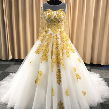 White Ball Gown Wedding Dress With Gold Appliques, Long Sleeves Puffy ...