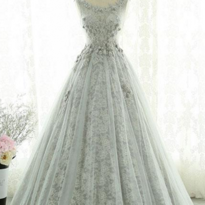 Gray Lace Tulle Long Prom Dress, Gray Evening..