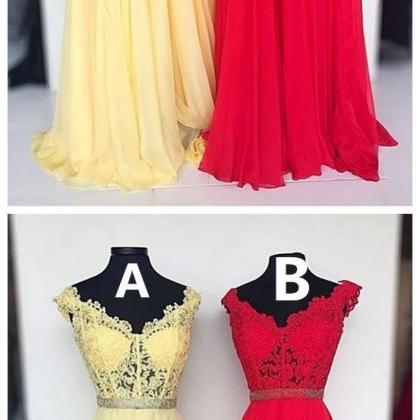 V Neck Yellow/red Long Prom Dresses With Appliques..
