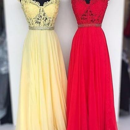 V Neck Yellow/red Long Prom Dresses With Appliques..