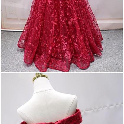 Red Lace Strapless Long Off Shoulder Line Prom..