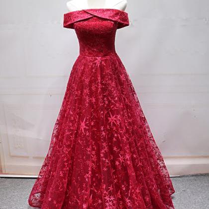 Red Lace Strapless Long Off Shoulder Line Prom..
