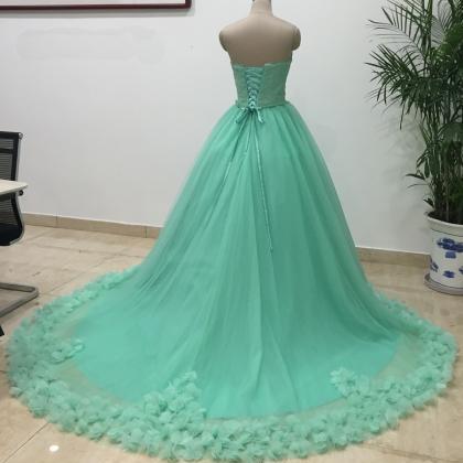Green Tulle 3d Lace Applique Long Strapless Sweet..