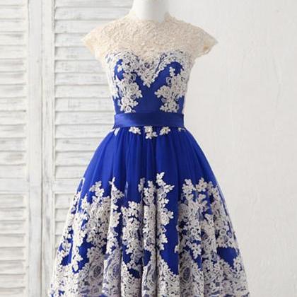 Royal Blue Tulle Knee Length Lace Applique Prom..