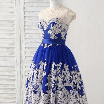 Royal Blue Tulle Knee Length Lace Applique Prom..