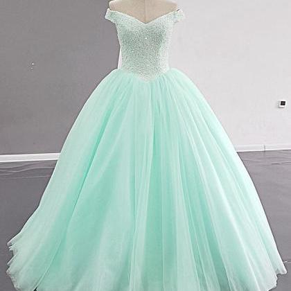 Mint Tulle Beaded Long V Neck Puffy Prom Dress,..
