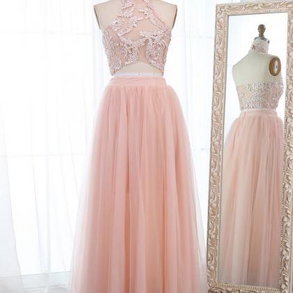 Pink Two Pieces Beads Tulle Long Prom Dress