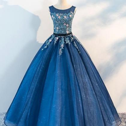 Blue Tulle Long Flower Lace Evening Dress, Formal..