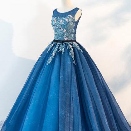 Blue Tulle Long Flower Lace Evening Dress, Formal..
