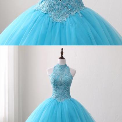 Blue Lace O Neck Strapless Long Tulle Quinceanera..