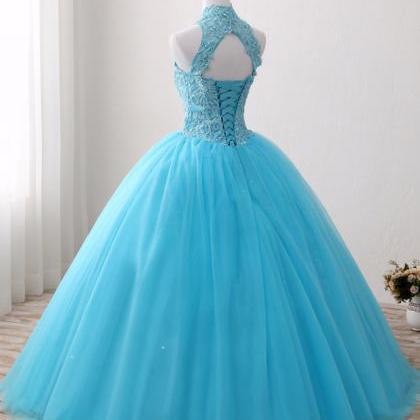 Blue Lace O Neck Strapless Long Tulle Quinceanera..