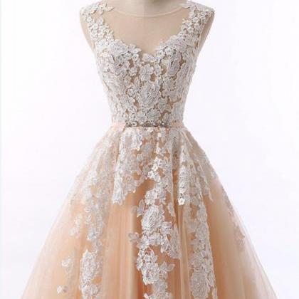 Champagne Tulle Round Neck Long Winter Formal Prom..