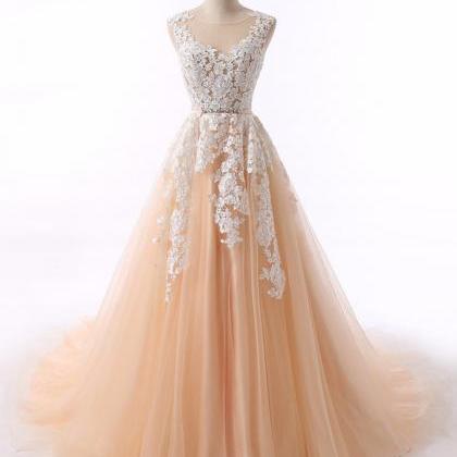 Champagne Tulle Round Neck Long Winter Formal Prom..
