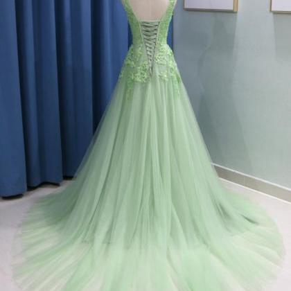 Green Tulle V Neck Long Formal Prom Dress, Lace..