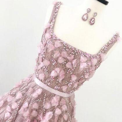Pink 3d Lace Beaded Long Custom Made Senior Prom..