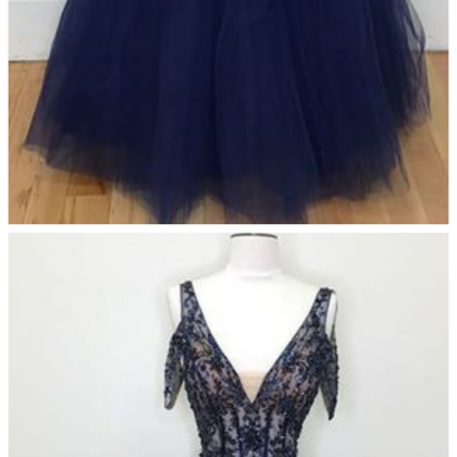 Dark Blue Tulle V Neck Lace Evening Dress, Beaded..