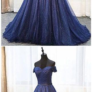 Deep Blue Off Shoulder Long Tulle Prom Dress,..