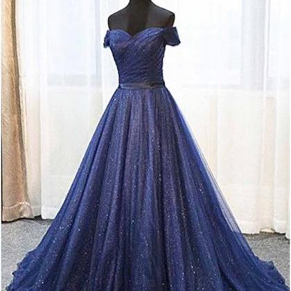 Deep Blue Off Shoulder Long Tulle Prom Dress,..