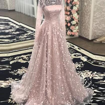 Pink Floral Lace Long A Line Formal Prom Dresses..