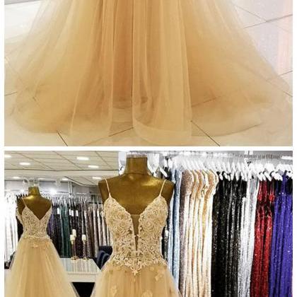 Champagne Tulle Long V Neck Prom Dress, Lace..