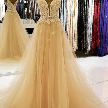 Champagne Tulle Long V Neck Prom Dress, Lace..