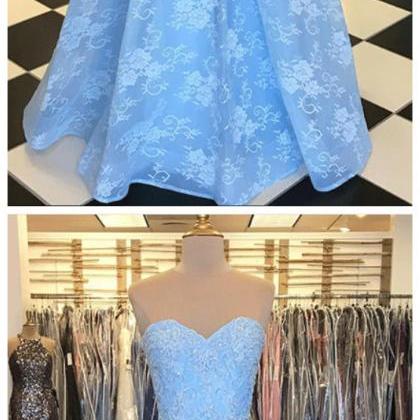 Blue Lace Sweetheart Neck Long Strapless Prom..