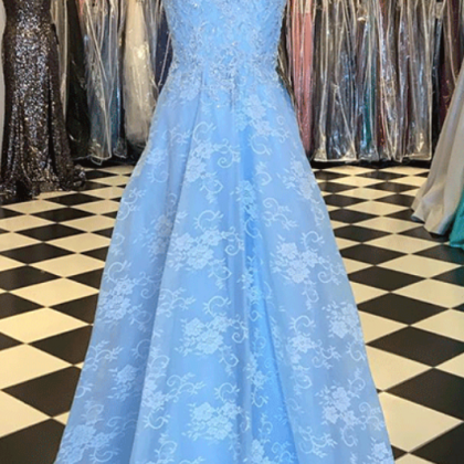 Blue Lace Sweetheart Neck Long Strapless Prom..