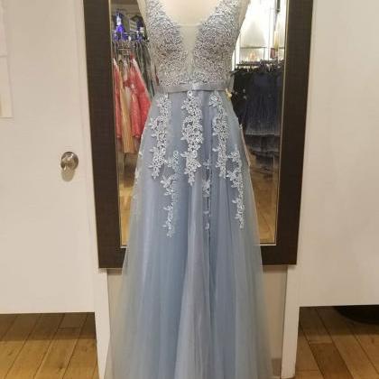 A Line Blue Gray Tulle V Neck Lace Applique Prom Dress LBQ3552