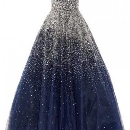 Beadings Navy Blue Prom Dress Evening Dresses..
