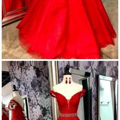 Red Tulle Evening Dress V Neck Formal Dress Off..