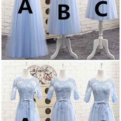 Light Blue Tulle Mid Sleeves Long A-line..