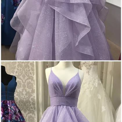 Lavender Tulle V Neck Long Layered Prom Gown..