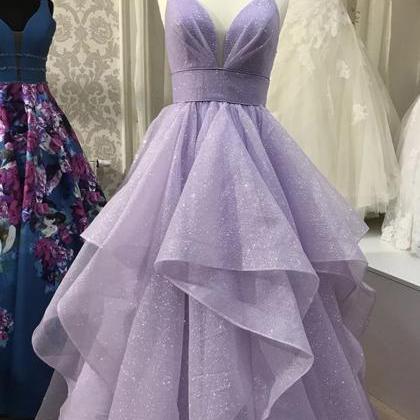 Lavender Tulle V Neck Long Layered Prom Gown..