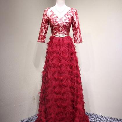 Red Lace V Neck Long Mid Sleeve Evening Dress, Red..