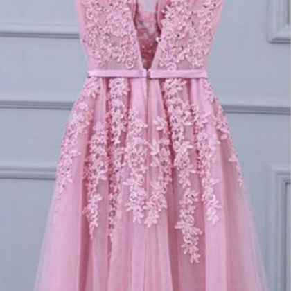 Baby Pink V-neck Tulle Prom Dresses With Appliques..