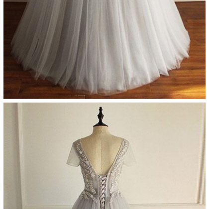 Gray V Neck Tulle Lace Long Prom Dress, Gray..