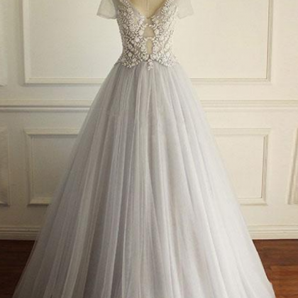 Gray V Neck Tulle Lace Long Prom Dress, Gray..